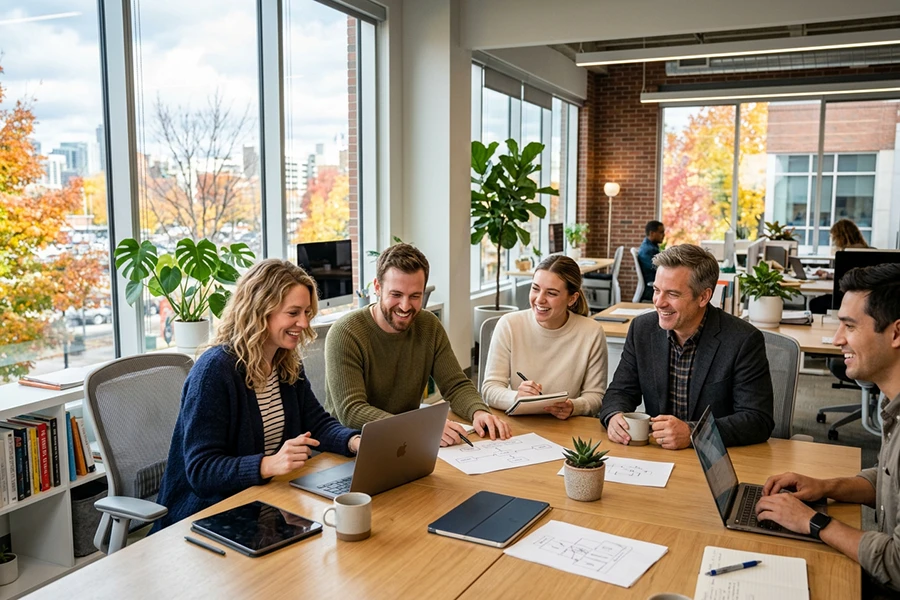 equipo d trabajo en la oficina con beneficios wellbeing corporativo