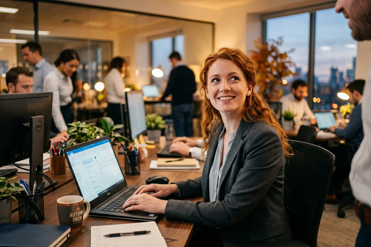 mujer en la oficina sonriendo con bienestar laboral en la empresa
